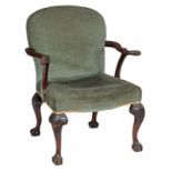 A mahogany upholstered armchair in George II style, bearing label title S.& H. JEWELL 131&132 High