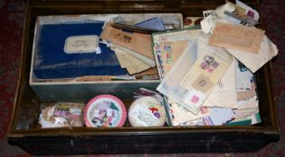 Metal trunk of assorted GB and World Wide stamps, envelopes, some loose, mainly used
