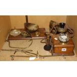 An oak wall mounted telephone, and two sets of balance scales with various weights (AF)