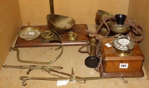 An oak wall mounted telephone, and two sets of balance scales with various weights (AF)