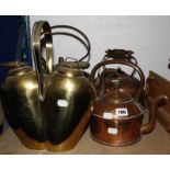 A copper kettle, two others and an Italian heart shaped compartmental flask