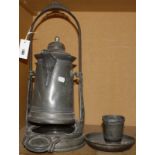 A Continental pewter water flagon on stand, 51cm high and other pewter items