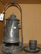 A Continental pewter water flagon on stand, 51cm high and other pewter items