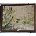 20th Century School Abstract landscape Unsigned Oil on board 44.5cm x 56cm Best Bid