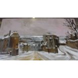 Attributed to Deborah Jones (British 1921-2012) Clifton in snow Oil on board Signed lower left in