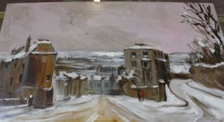 Attributed to Deborah Jones (British 1921-2012) Clifton in snow Oil on board Signed lower left in