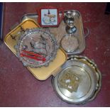 A small collection of electroplated wares, an electroplated two-handled tray, circular trays,
