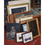 Quantity of prints and pictures to include; two framed bow-ties with signatures of Sue Lawley and