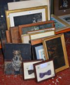 Quantity of prints and pictures to include; two framed bow-ties with signatures of Sue Lawley and