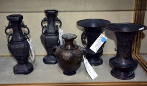 A pair of 19th Century Chinese bronze two-handled vases (AF) and three others -5