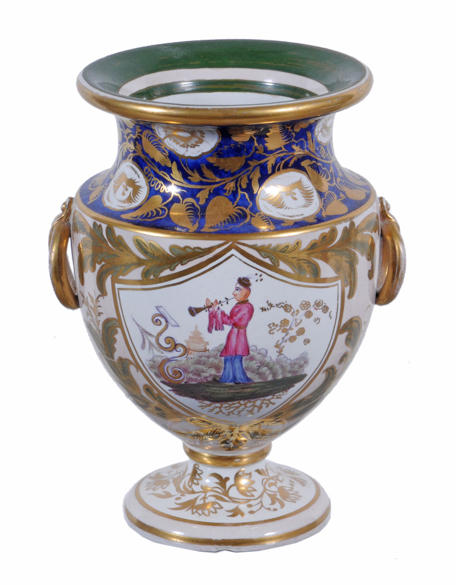 An English stone china urn  , circa 1830,   with gilt ring handles, each side painted with a panel