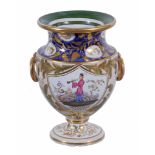 An English stone china urn  , circa 1830,   with gilt ring handles, each side painted with a panel