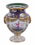 An English stone china urn  , circa 1830,   with gilt ring handles, each side painted with a panel