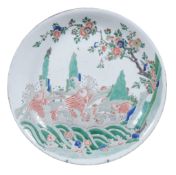 A Chinese famille verte dish  , Qing Dynasty, Kangxi (1662-1722),  the centre decorated with three