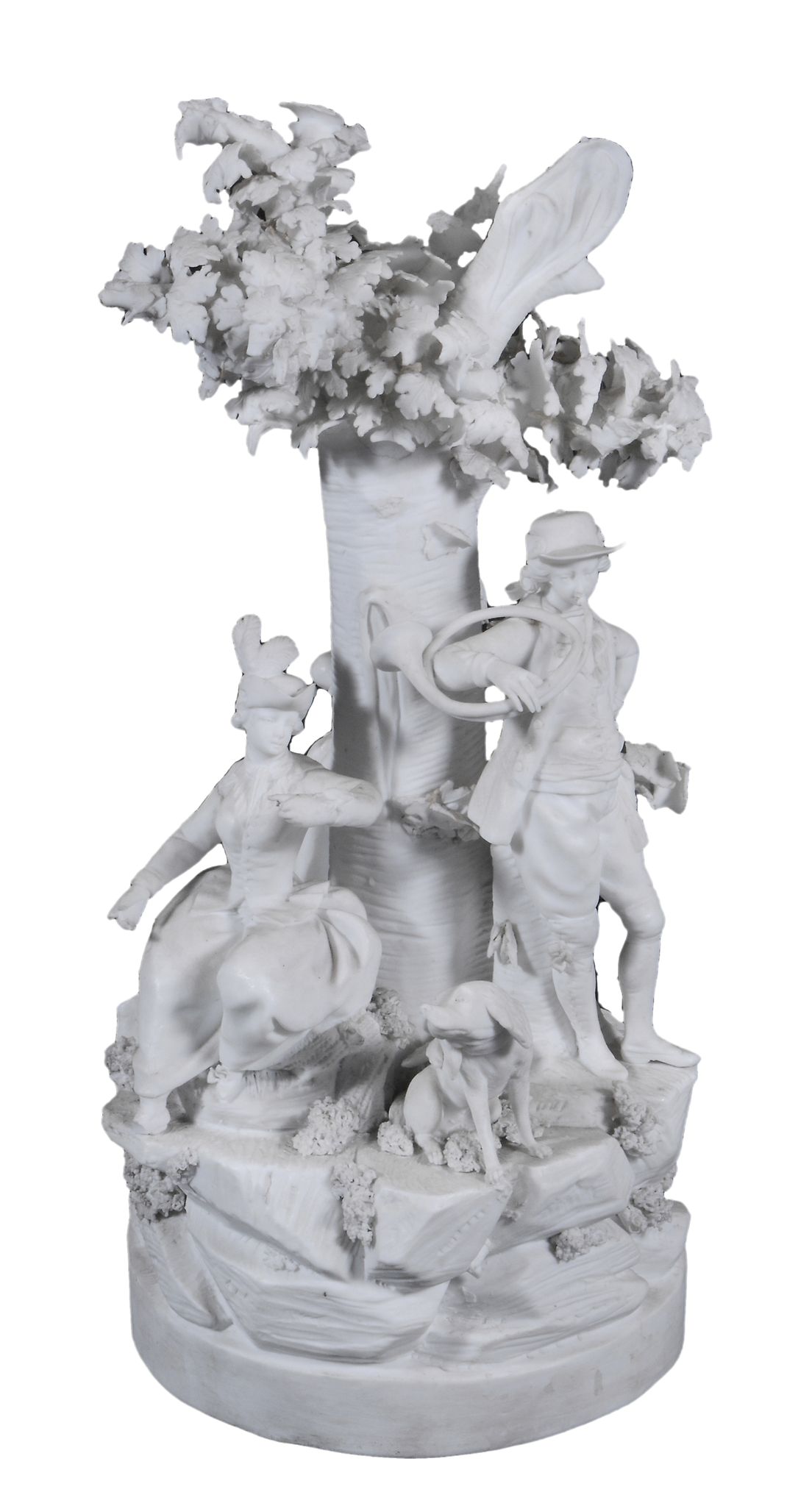 A French biscuit porcelain group,   19th century ,  modelled as a sportsman and companion beside a