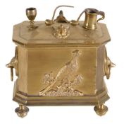 A rectangular gilt brass tobacco box,   late 19th century, applied with pipes, a tankard and goblet