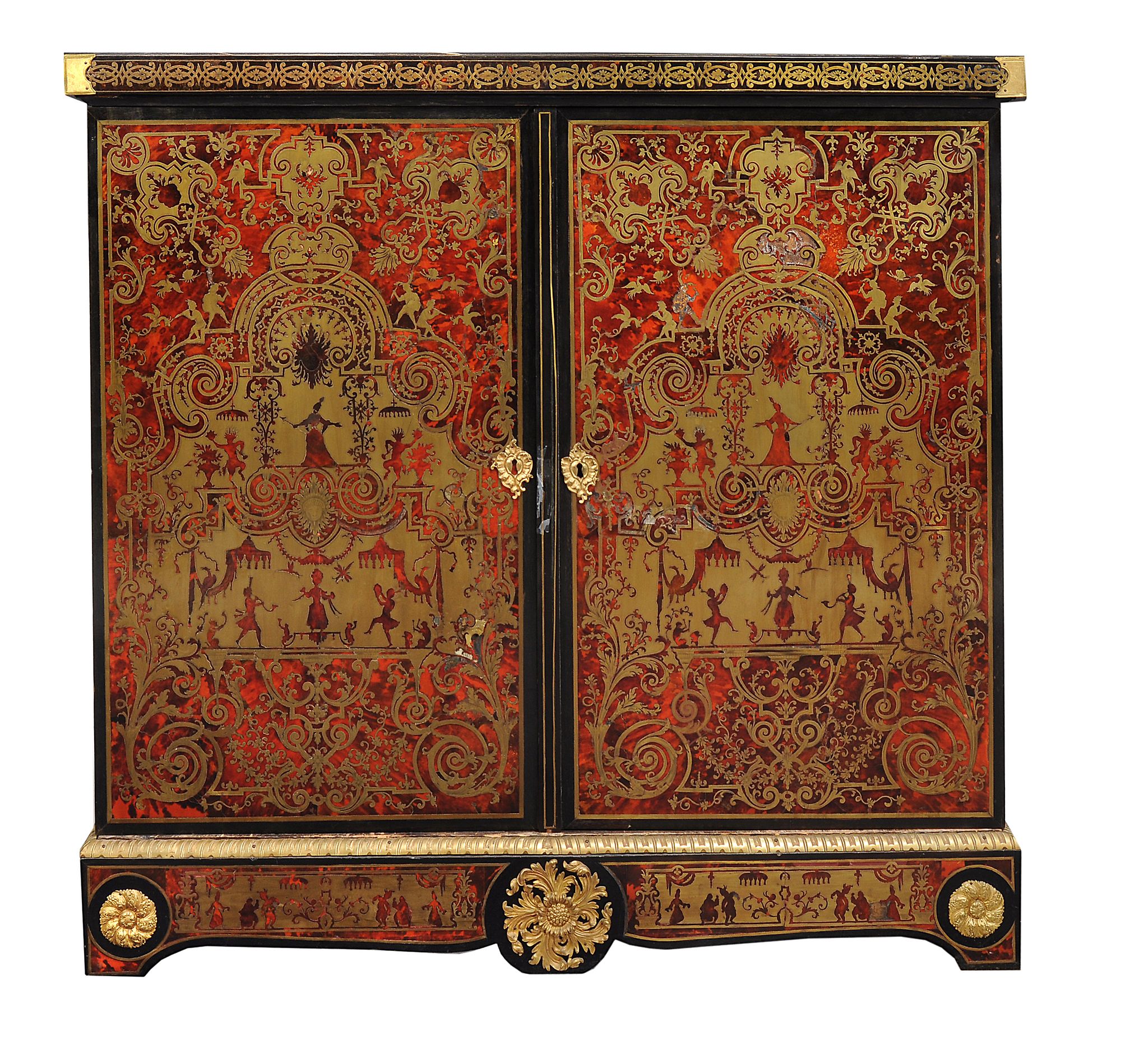 A `Boulle' marquetry side cabinet  , mid 19th century,  the pair of doors inlaid in cut brass and