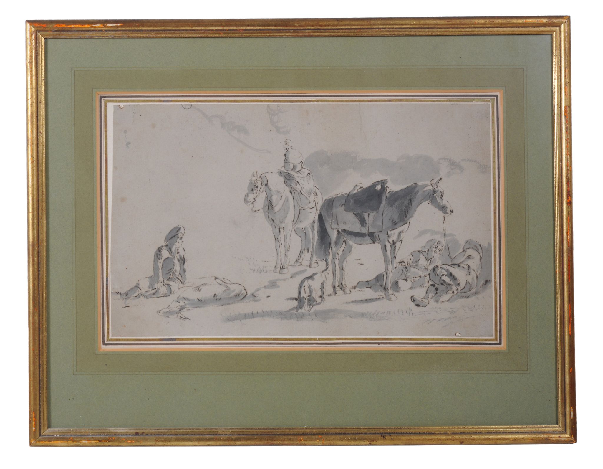 Dutch School (18th century)  A Hunting Party at rest with their horses   Pen and ink, with grey wash - Image 2 of 3