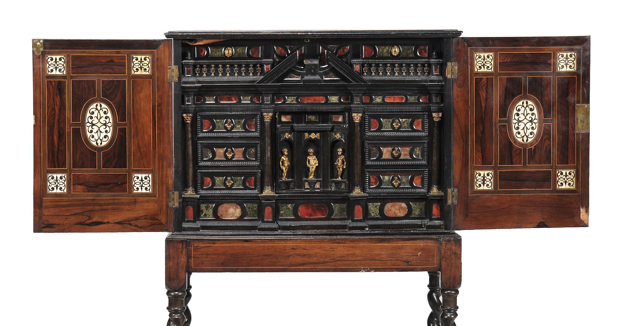 An Italian rosewood and simulated pietre dure collectors cabinet  , mid 17th century, with hinged - Image 2 of 4