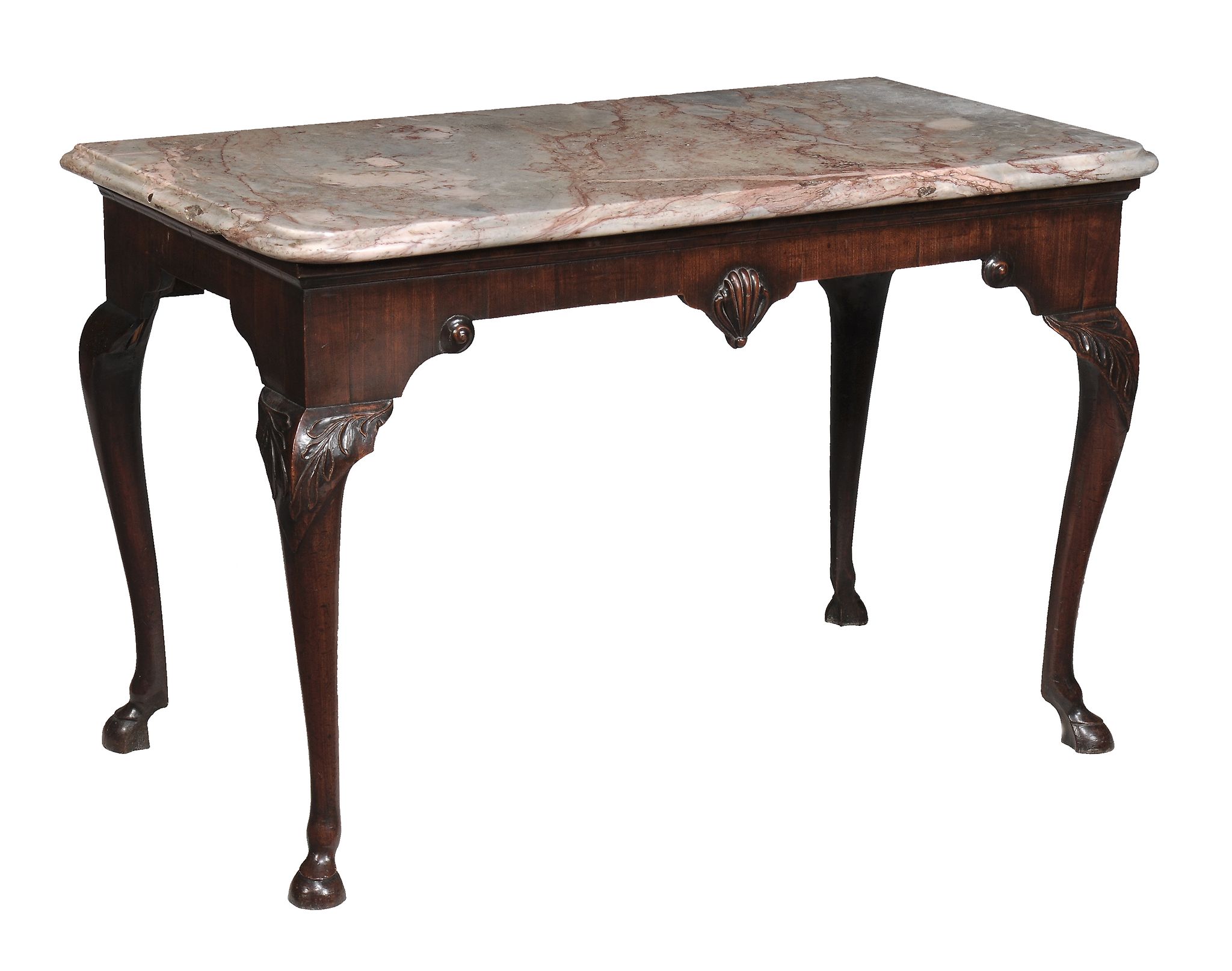 A George II mahogany side table  , circa 1750, possibly Irish, the shaped marble top above moulding