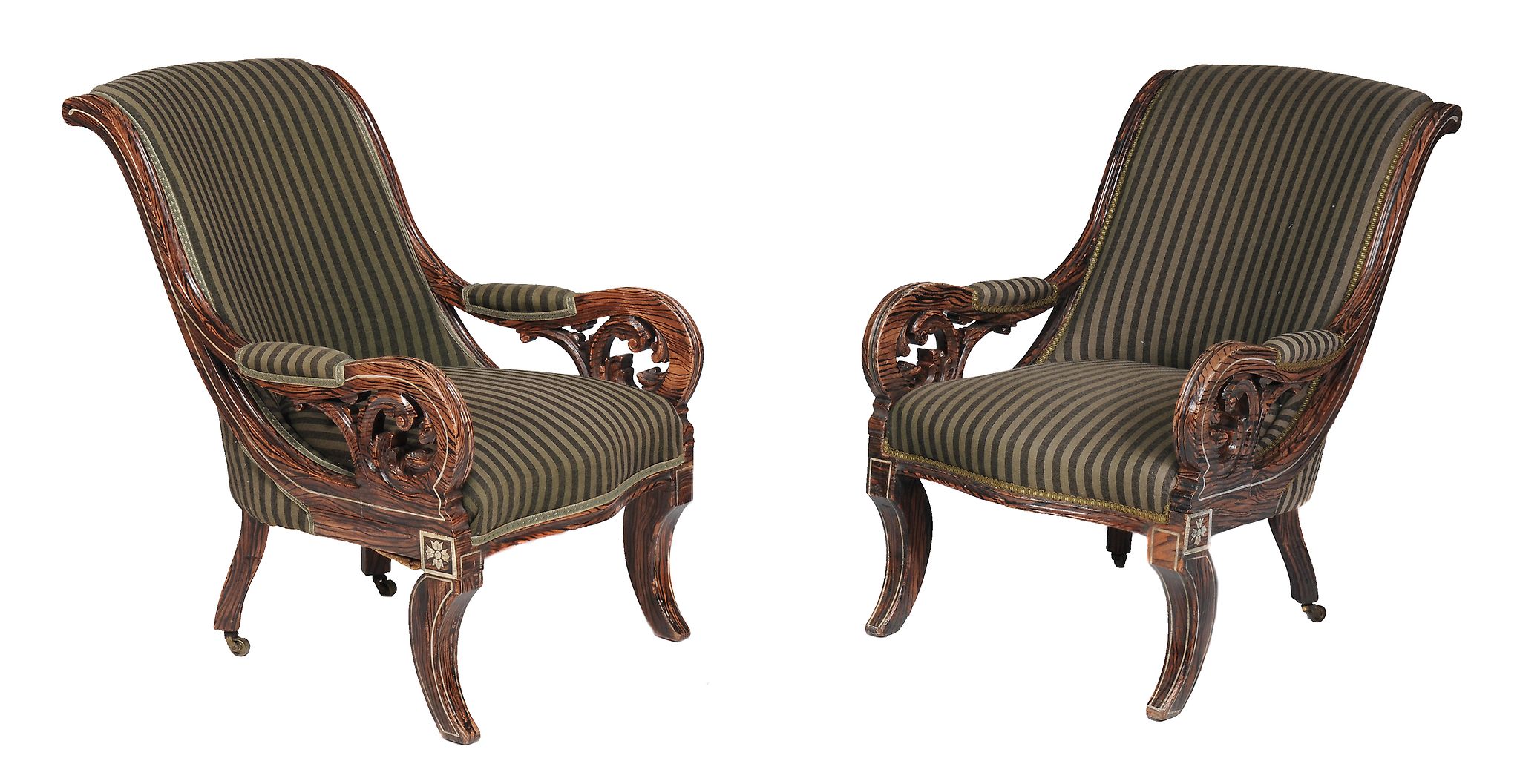 A pair of William IV simulated rosewood and upholstered armchairs  , circa 1835, the upholstered