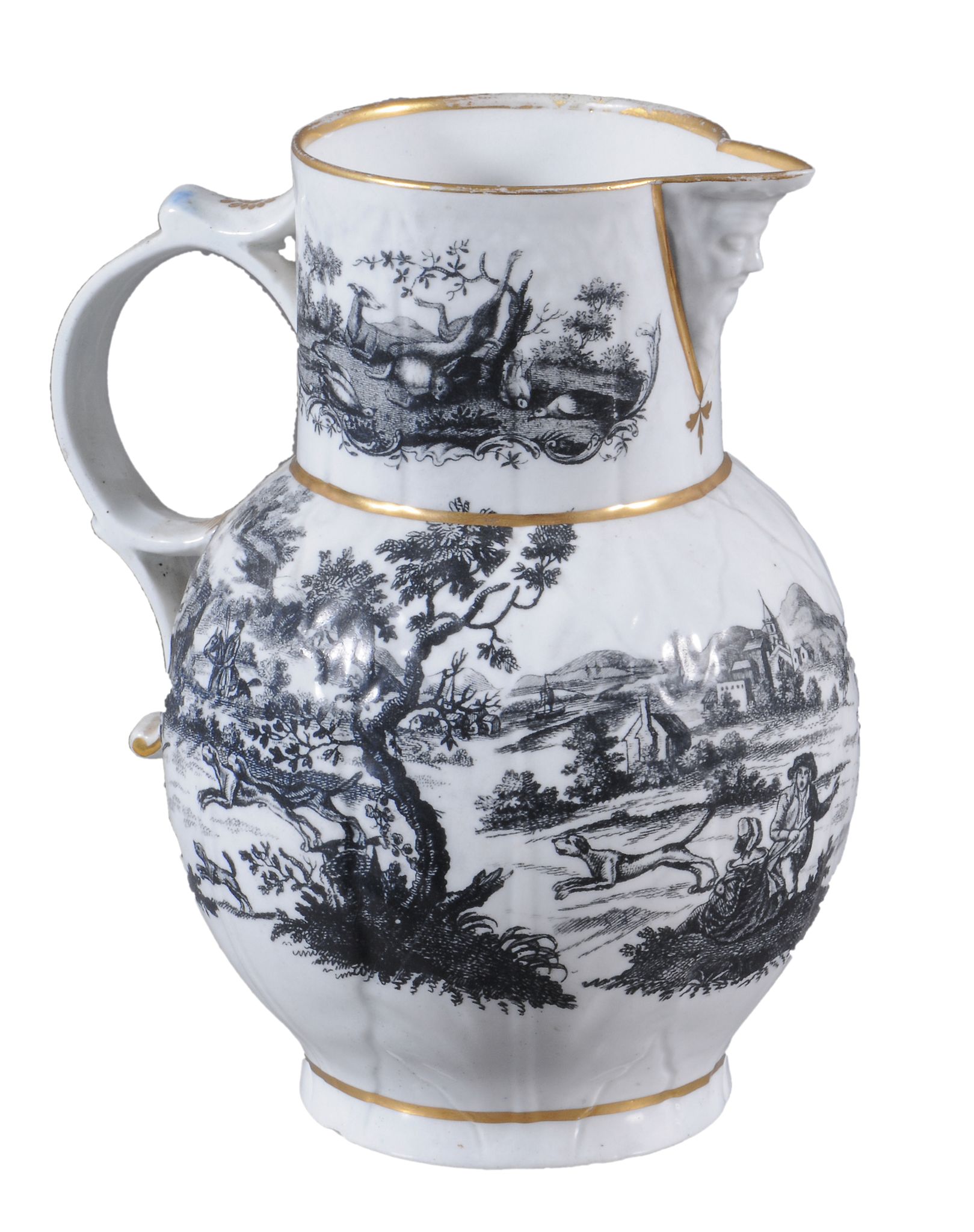 A Worcester cabbage-leaf-moulded mask jug,   circa 1770, printed in black with hunting scenes, 23cm