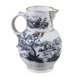 A Worcester cabbage-leaf-moulded mask jug,   circa 1770, printed in black with hunting scenes, 23cm