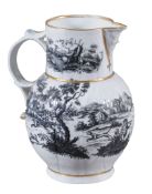A Worcester cabbage-leaf-moulded mask jug,   circa 1770, printed in black with hunting scenes, 23cm