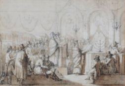 Auguste Moitte (circa 1748-1790) The Synagogue at Versailles Pencil and sepia wash Signed, inscribed