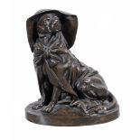 A French bronze figure of a dog, mid 19th century,  seated on its haunches and wearing a large hat