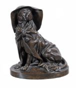 A French bronze figure of a dog, mid 19th century,  seated on its haunches and wearing a large hat