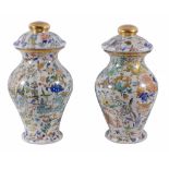 Two similar decalcomania glass baluster vases and covers  , second half 19th century,  the