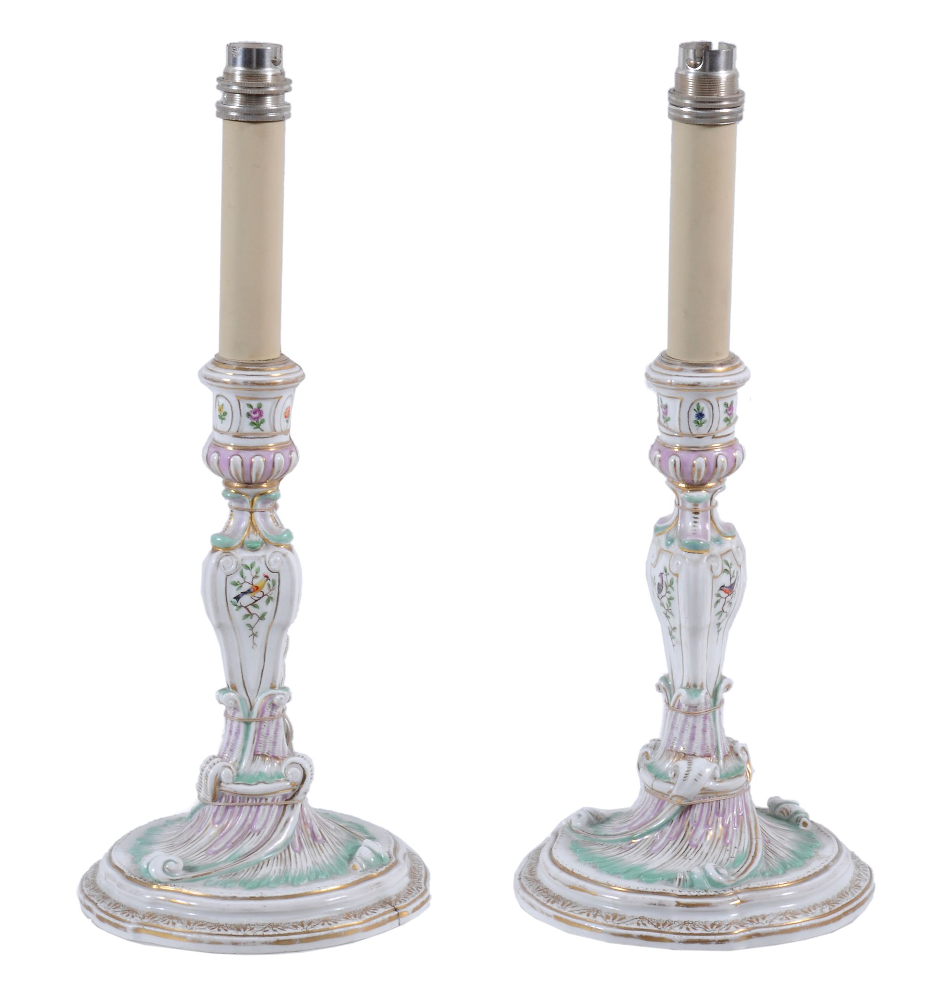 A pair of Dresden rococo style candlesticks  , late 19th century,  crossed swords marks in