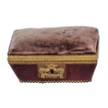 A Regency gilt-metal and red hardstone rectangular pin-cushion box,   the hinged cover with a