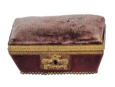 A Regency gilt-metal and red hardstone rectangular pin-cushion box,   the hinged cover with a