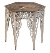 A hexagonal painted beech table in Gothic style,   first quater 19th century and later,  the oak