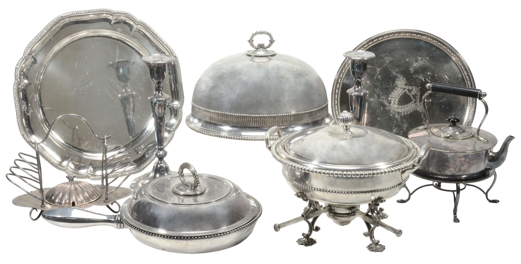 A collection of plated wares,   including; an electro-plated adjustable dish cross; a pair of