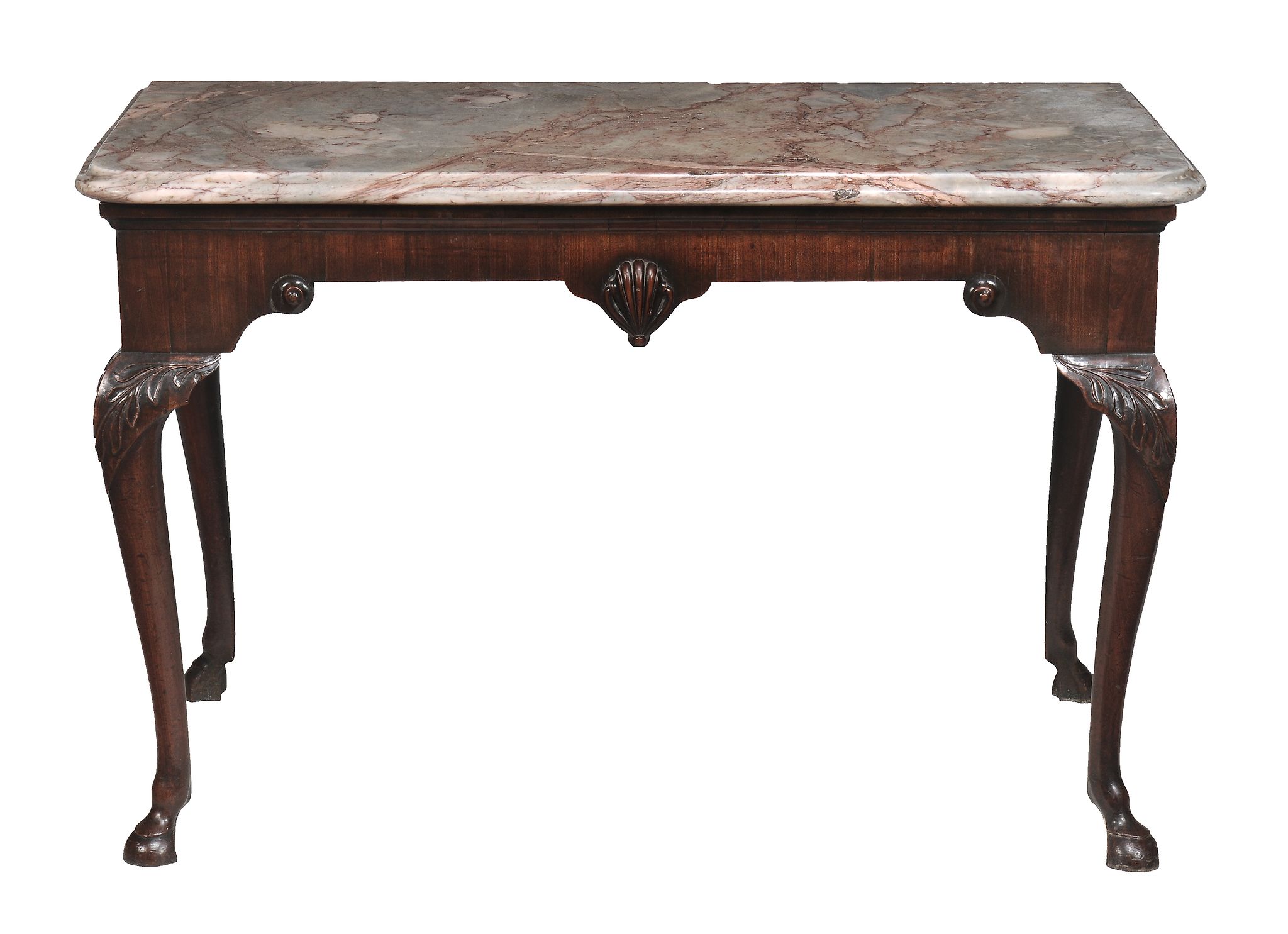 A George II mahogany side table  , circa 1750, possibly Irish, the shaped marble top above moulding - Image 2 of 7