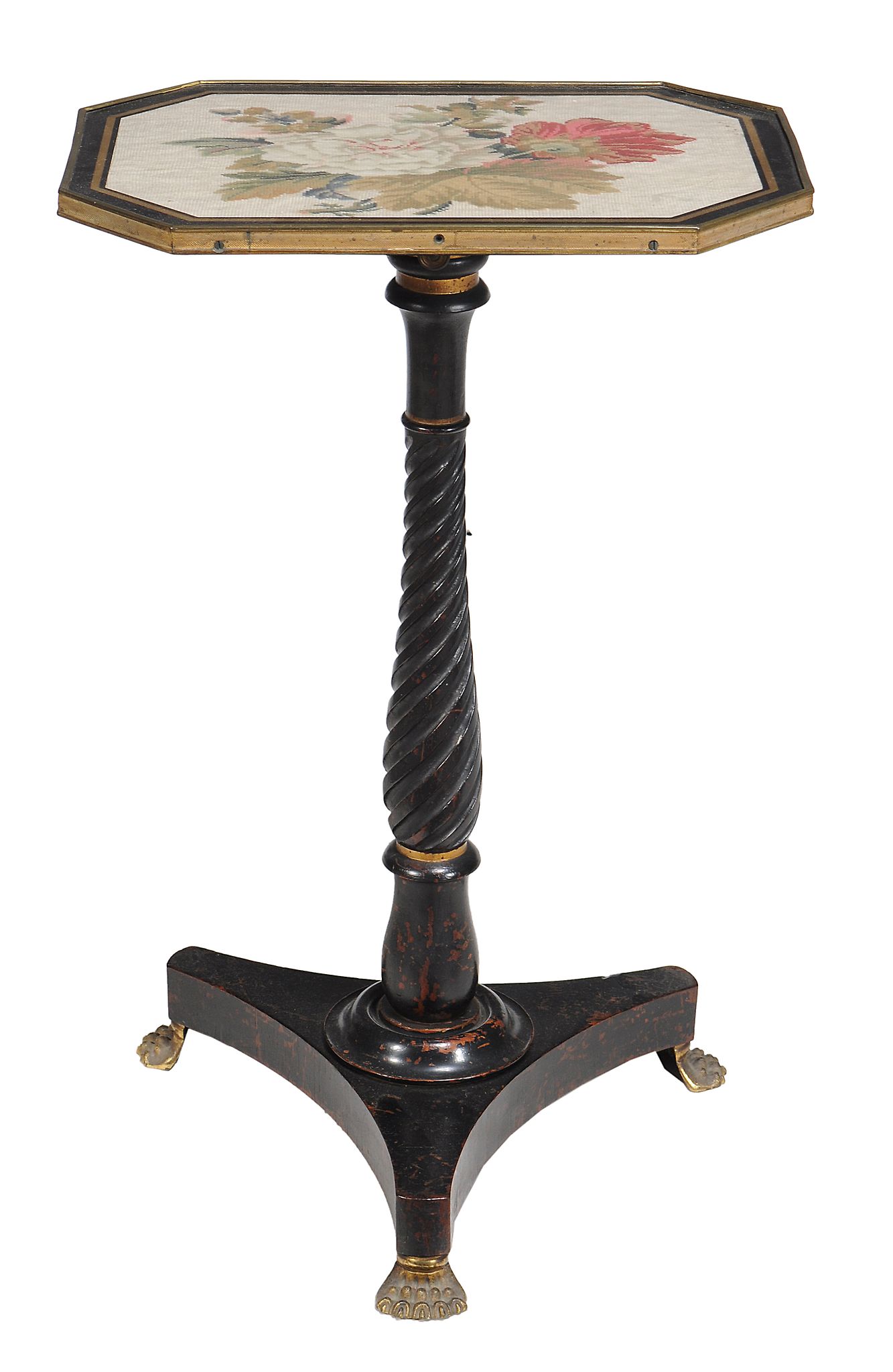 A Regency ebonised occasional table  , circa 1815,  the hinged canted oblong top inset with a