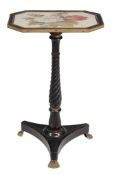 A Regency ebonised occasional table  , circa 1815,  the hinged canted oblong top inset with a