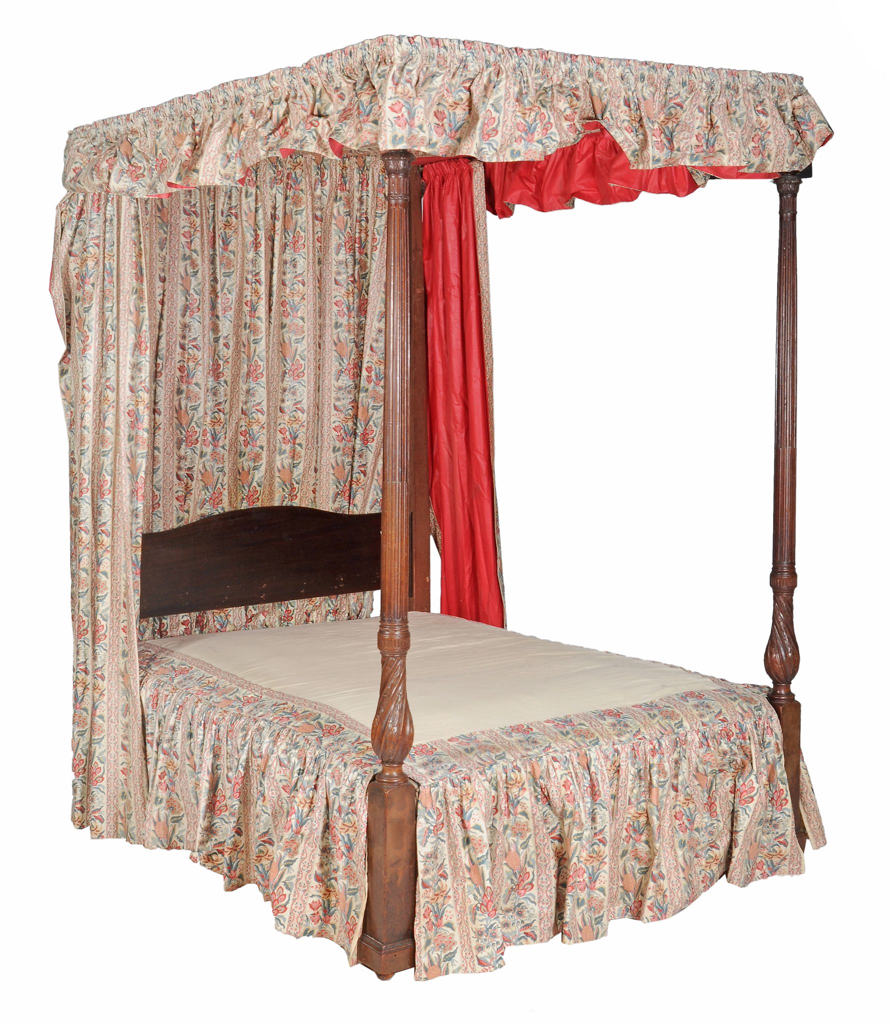 A mahogany tester bed  , circa 1780 and later, with a pair of fluted and reeded posts and  carved