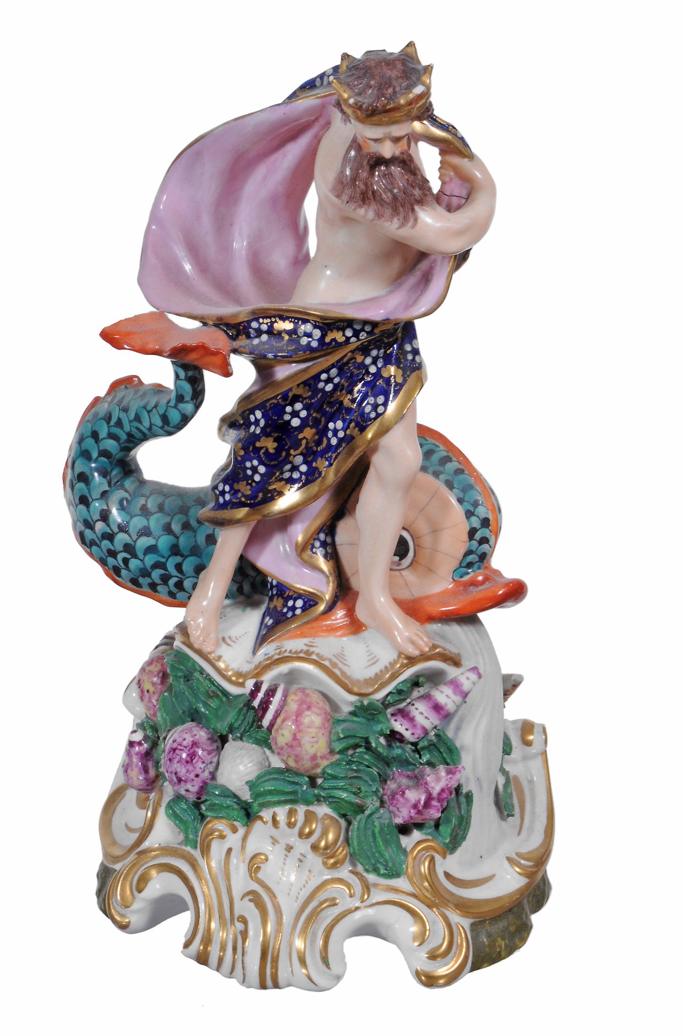 A Derby figure of Neptune  , circa 1820,  standing on a shell with a dolphin, the base encrusted