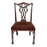 A George III `Chinese Chippendale' mahogany chair  , circa 1755,  the back with blind fretted