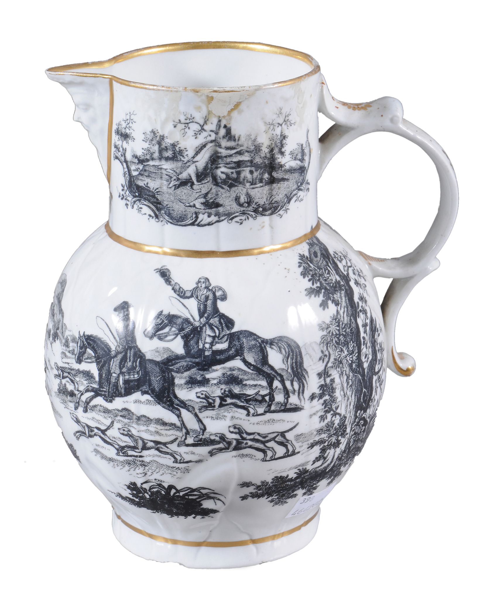 A Worcester cabbage-leaf-moulded mask jug,   circa 1770, printed in black with hunting scenes, 23cm - Image 2 of 2