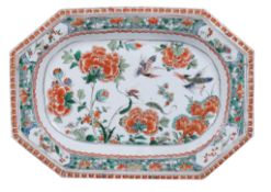 A famille verte canted rectangular meat dish,   Qing Dynasty, Kangxi (1662-1722),  the centre