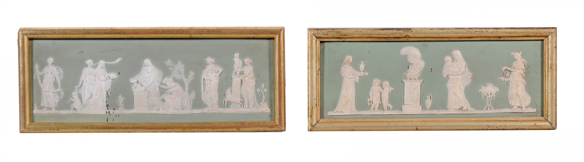 Two sage-green-ground Wedgwood rectangular plaques  , sprigged in white relief with classical