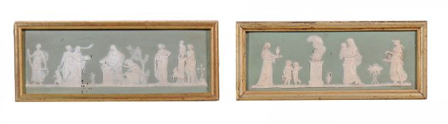 Two sage-green-ground Wedgwood rectangular plaques  , sprigged in white relief with classical