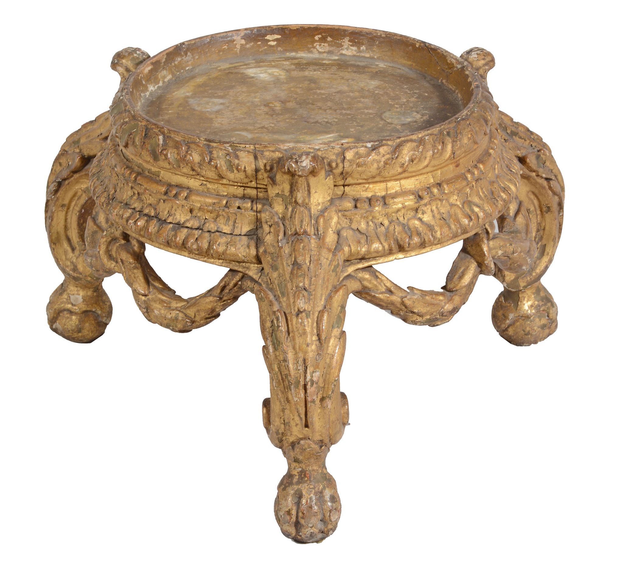 A George III giltwood and composition tripod stand  , circa 1770, with moulded rope frieze, swags,