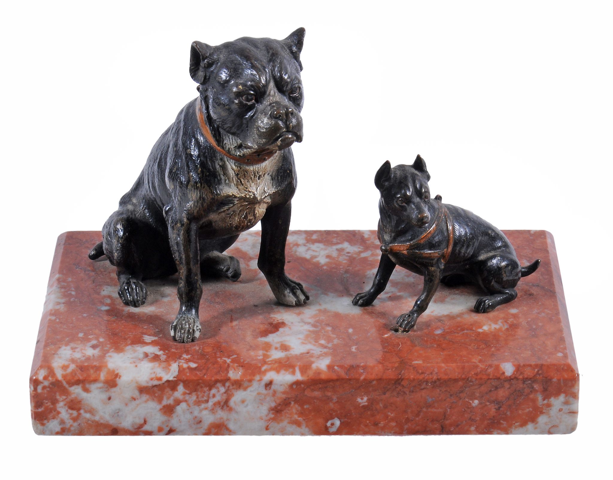 An Austrian cold-painted bronze group of a bulldog and chihuahua, circa 1900,  on a red marble base,
