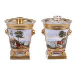 A pair of Paris bucket shaped flower holders   with pierced covers, circa 1820,  painted with